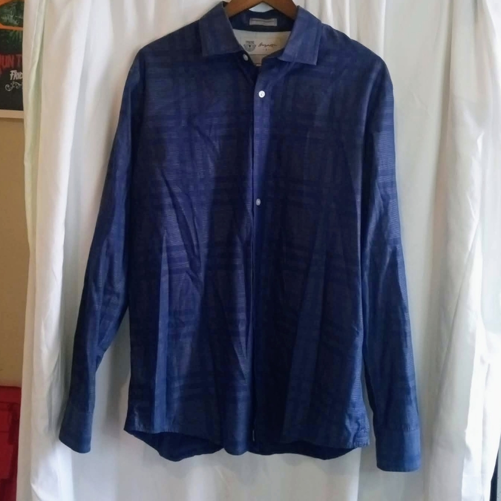 Hayati Finest Mills 100% Cotton Blue Textured Dress Shirt Mens Button Down Large